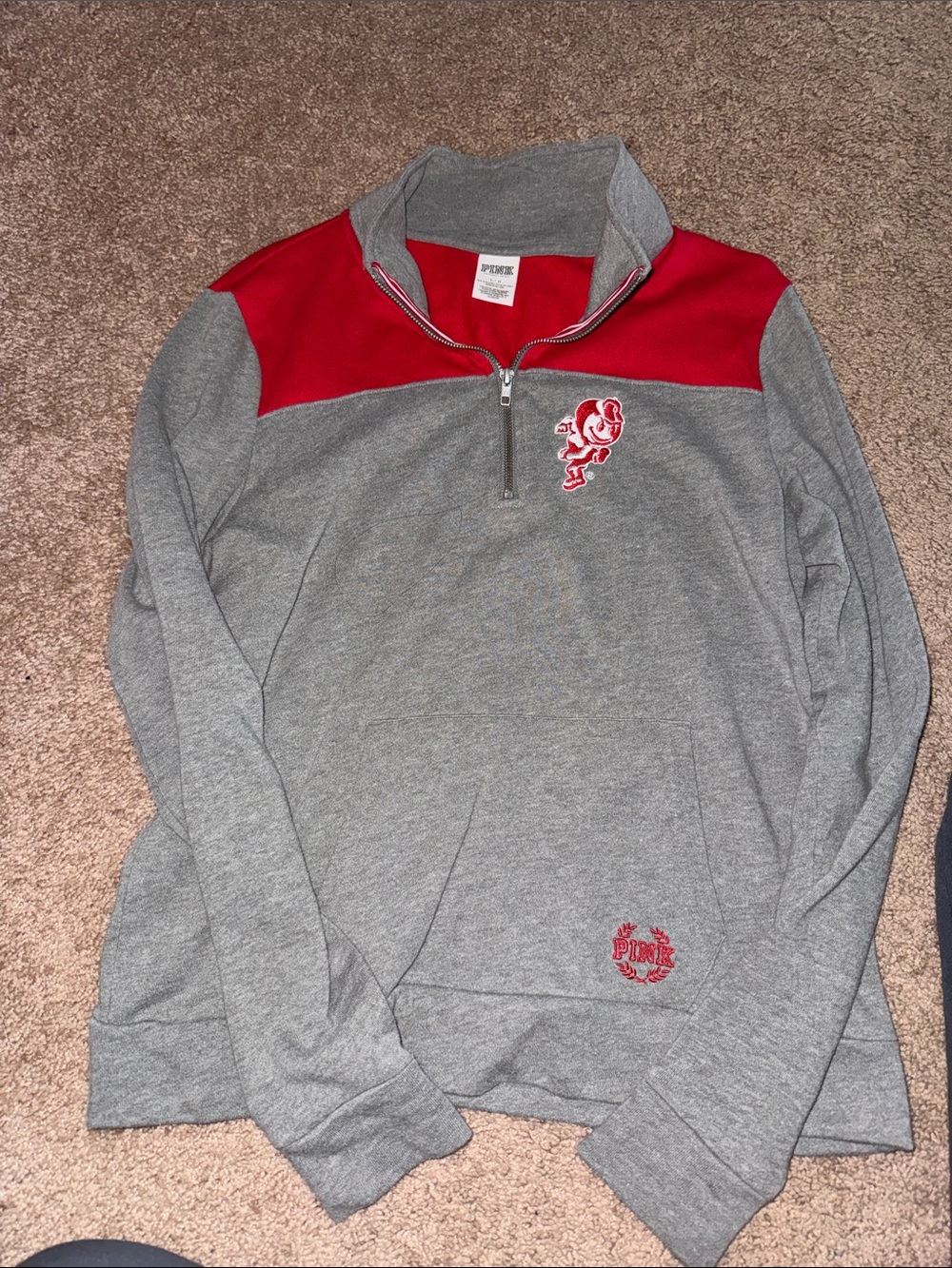 PINK Victoria's Secret Gray & Red Half-Zip Pullover Sweater Ohio State